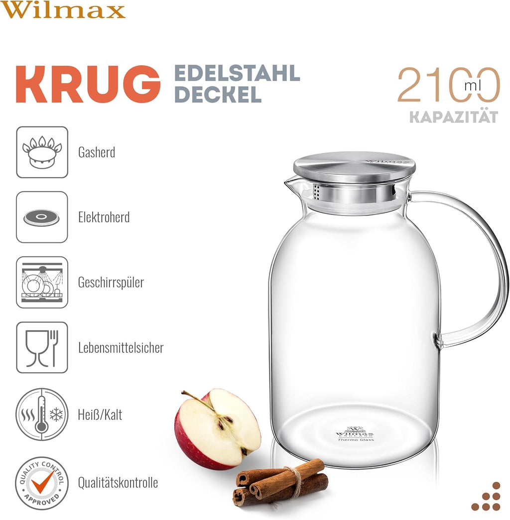 Wilmax Krug 2100 ml mit Edelstahldeckel und Filter Transparent aus Thermoglas