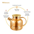 Wilmax Teekanne 1200 ml mit Federfilter und mit Edelstahldeckel Gold aus Thermoglas