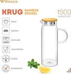 Wilmax Krug 1500 ml mit Bambusdeckel Transparent aus Thermoglas