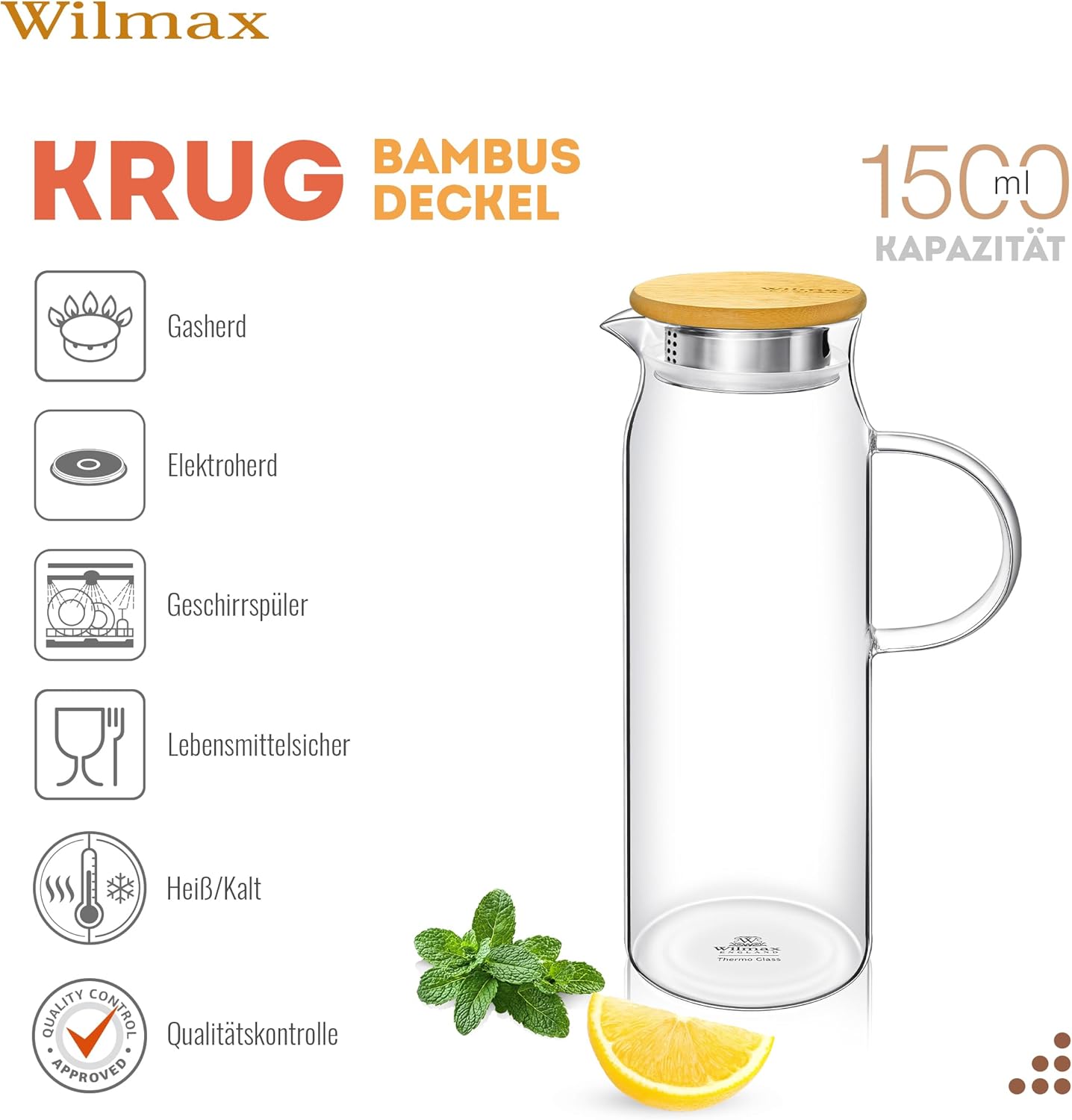 Wilmax Krug 1500 ml mit Bambusdeckel Transparent aus Thermoglas