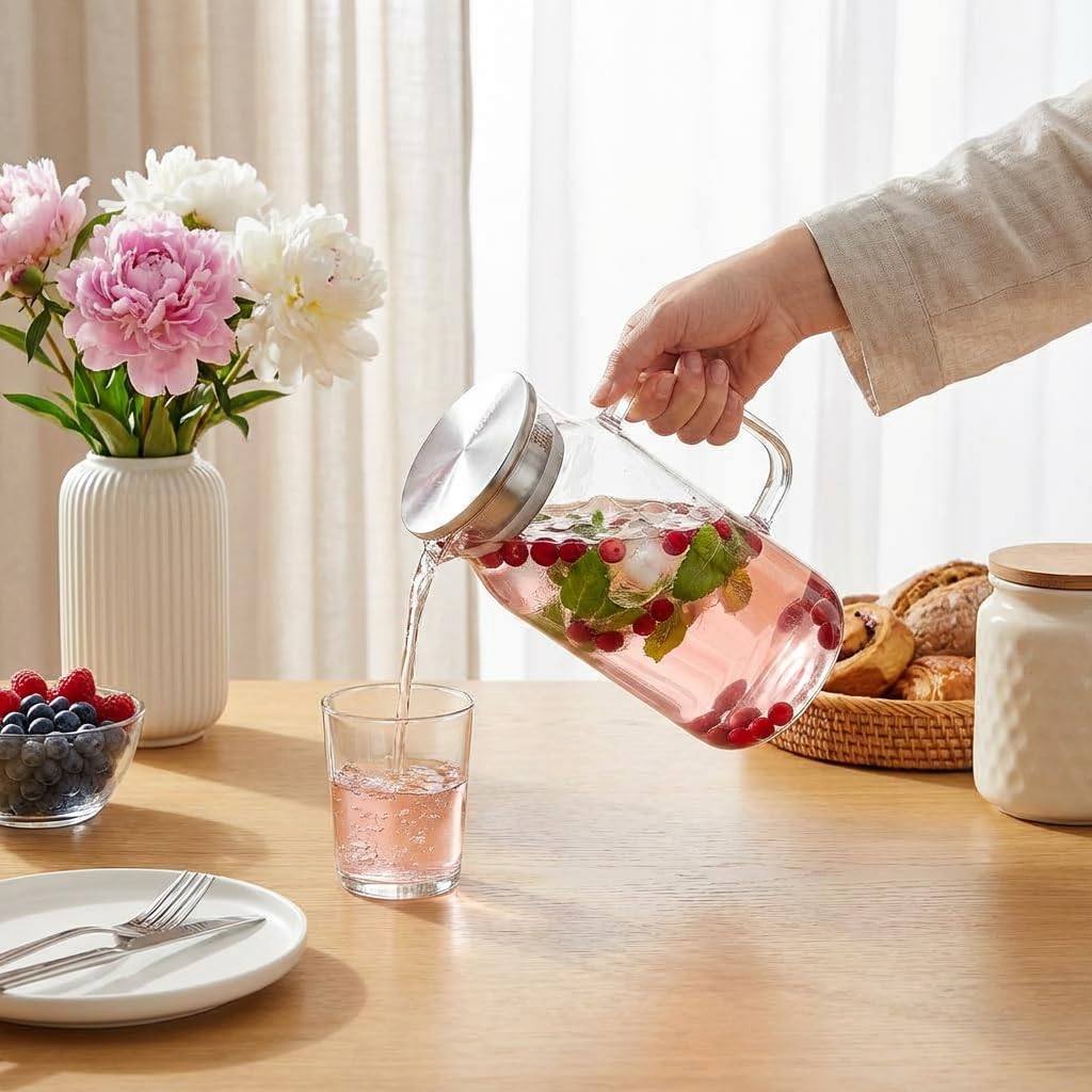 Wilmax Krug 1000 ml mit Edelstahldeckel Transparent aus Thermoglas