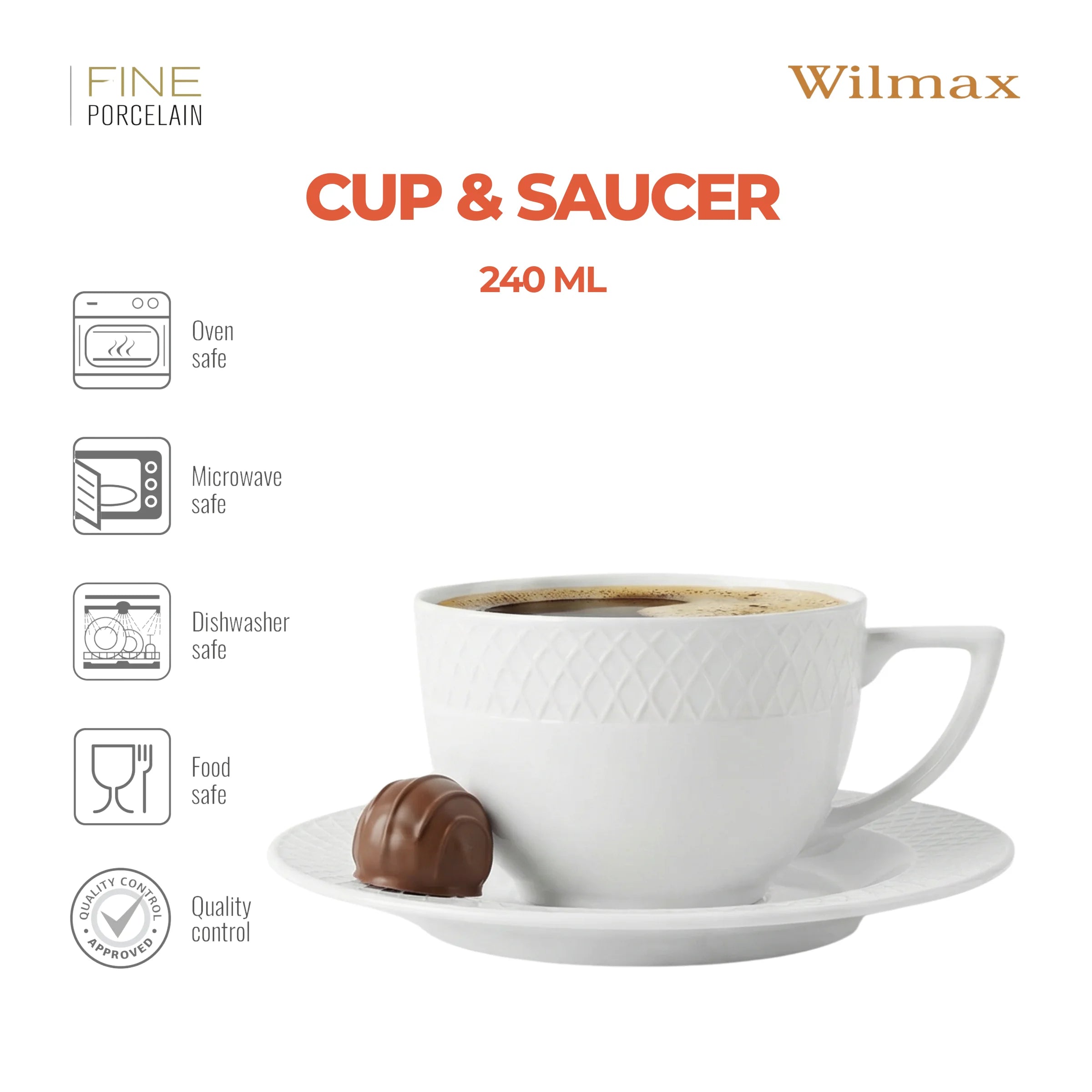 Wilmax Tasse mit Untertasse 170 ml 6er-Set Weiß aus Porzellan
