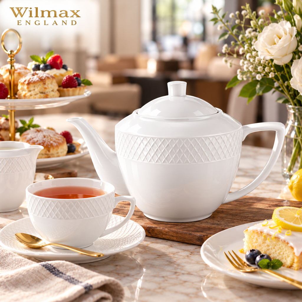 Wilmax Kaffee- und Teekanne mit integriertem Ausgusssieb mit integriertem Ausgusssieb 900 ml Weiß aus Porzellan