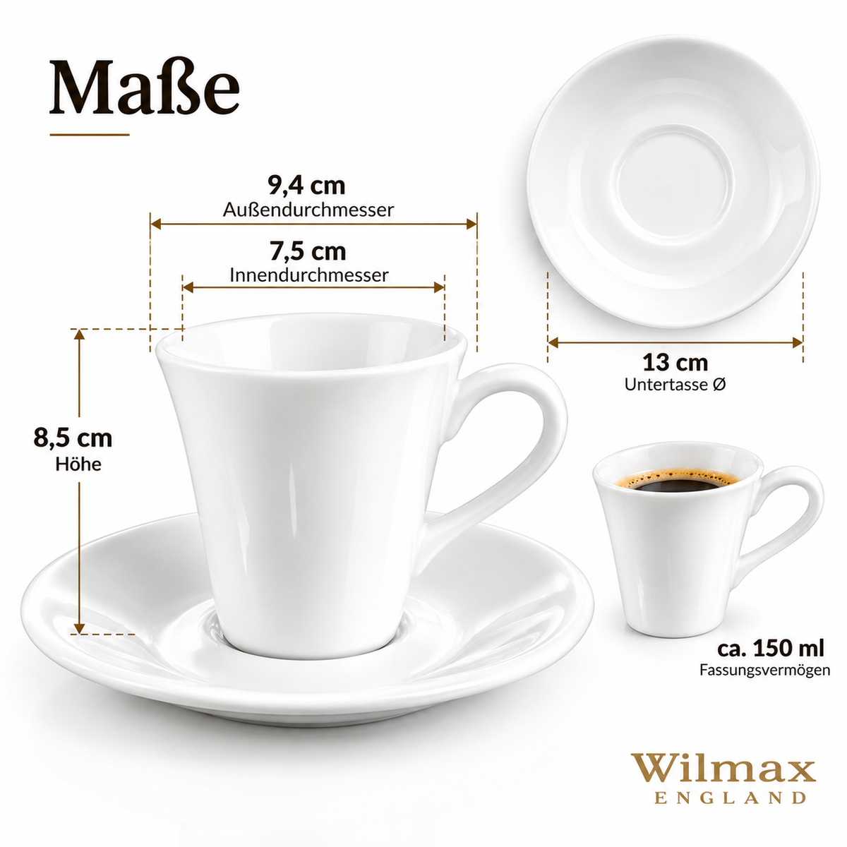 Wilmax Kaffeetassen mit Untertassen 160 ml 2er-Set Weiß aus Porzellan