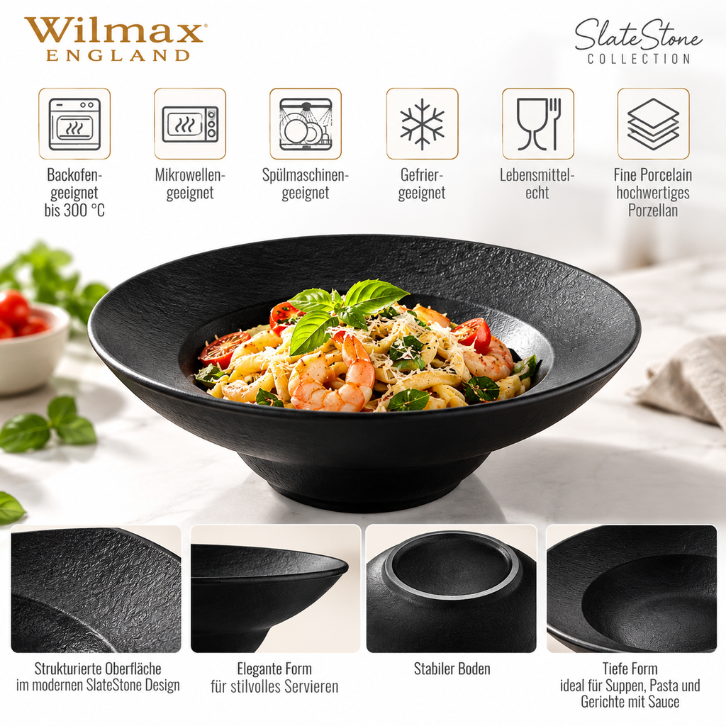 Wilmax Tiefer Teller 22,5 cm 1100 ml Schwarz aus Porzellan