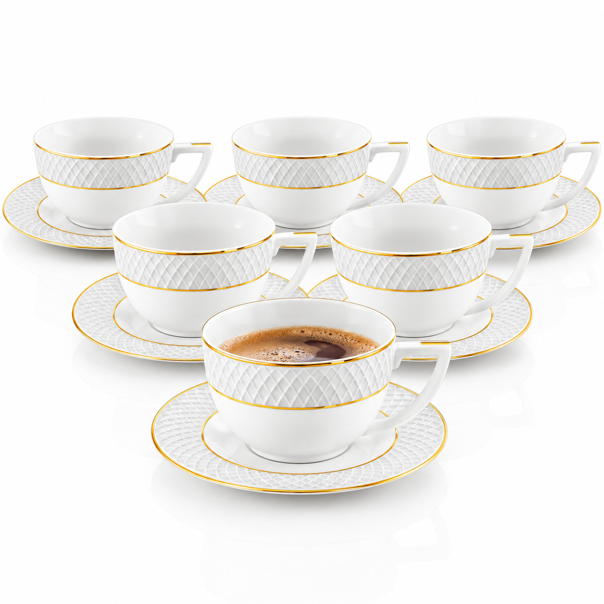 Wilmax Cappuccinotasse mit Untertasse 170 ml 6er-Set Weiß mit goldfarbenem Dekor aus Porzellan