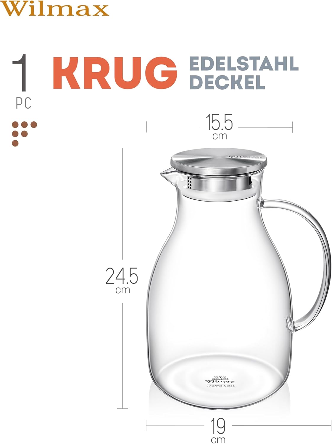 Wilmax Krug 2500 ml mit Edelstahldeckel und Filter Transparent aus Thermoglas