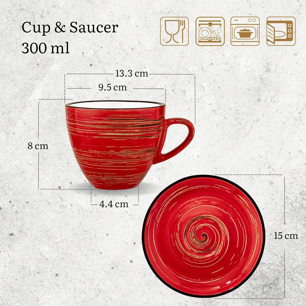 Wilmax Tasse mit Untertasse 300 ml 6er-Set Rot aus Porzellan