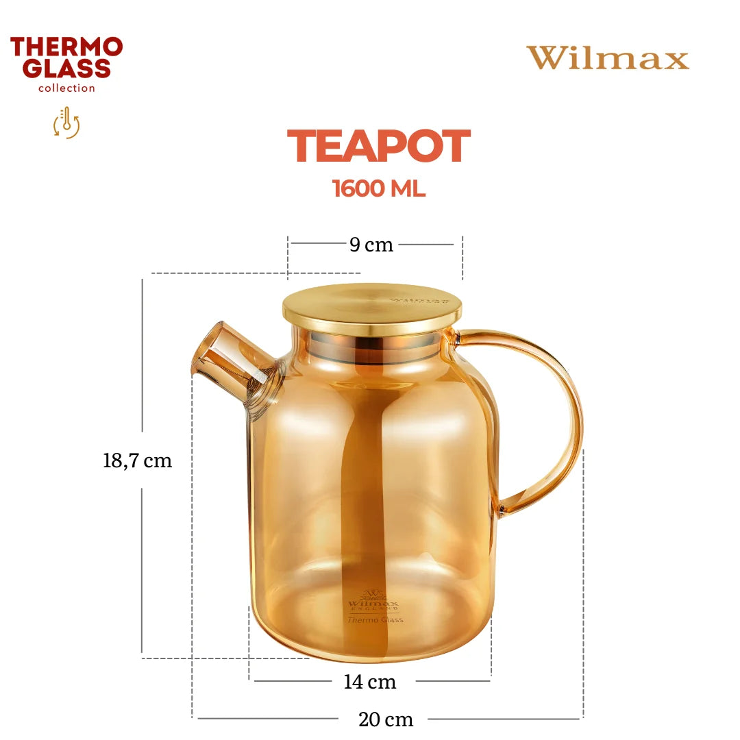 Wilmax Teekanne 1600 ml mit Federfilter und mit Edelstahldeckel Gold aus Thermoglas