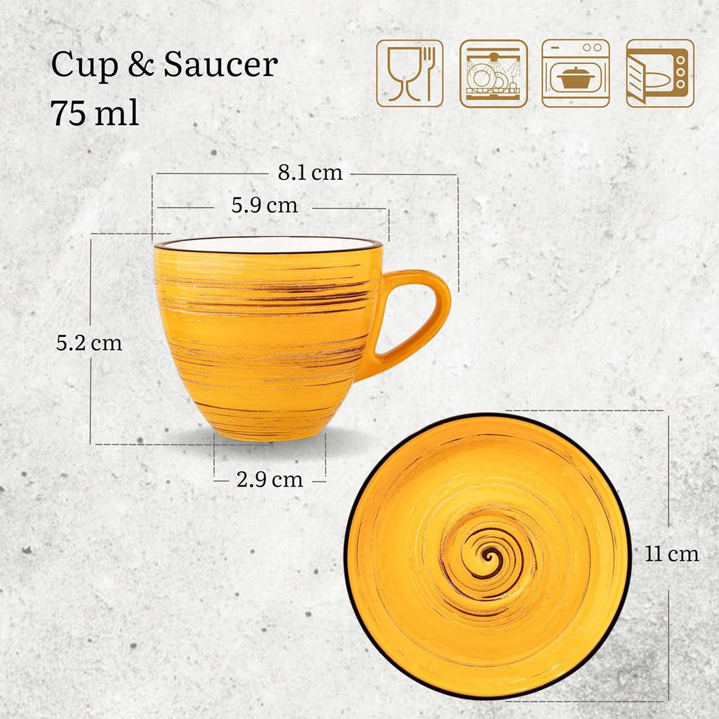 Wilmax Espressotasse mit Untertasse 75 ml 6er-Set Gelb aus Porzellan