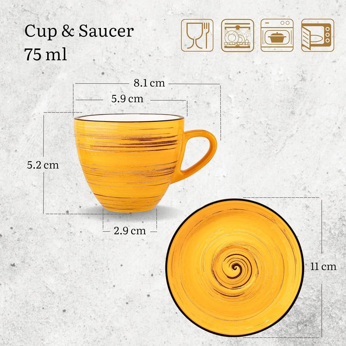 Wilmax Espressotasse mit Untertasse 75 ml 6er-Set Gelb aus Porzellan