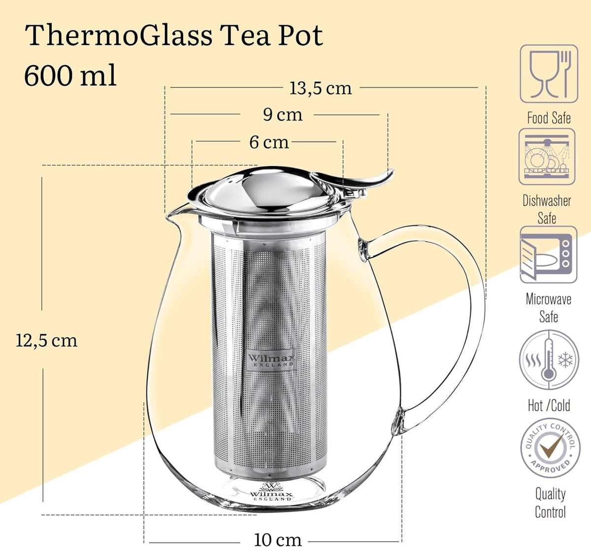 Wilmax Teekanne 600 ml mit Edelstahlfilter Transparent und Silber aus Thermoglas