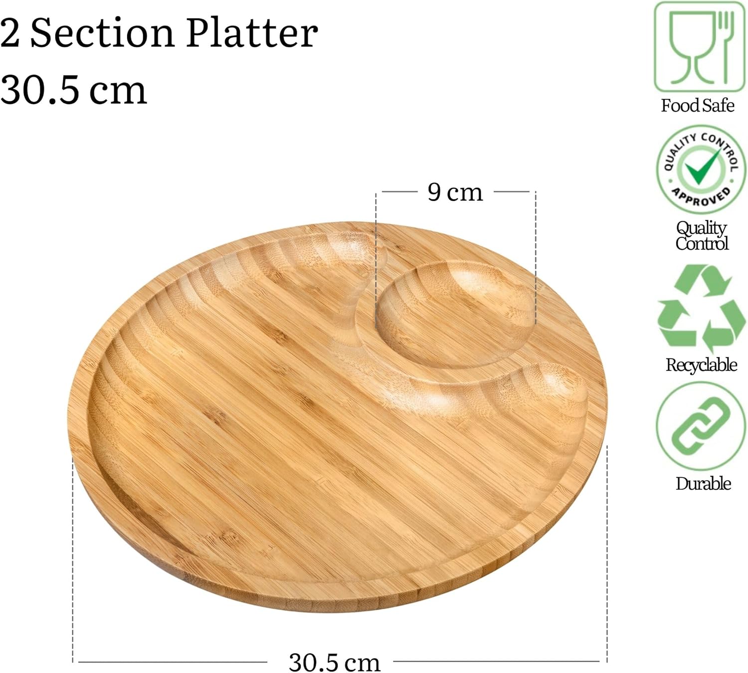 Wilmax Servierplatte mit 2 Fächern 30,5 cm Natur aus Bambus