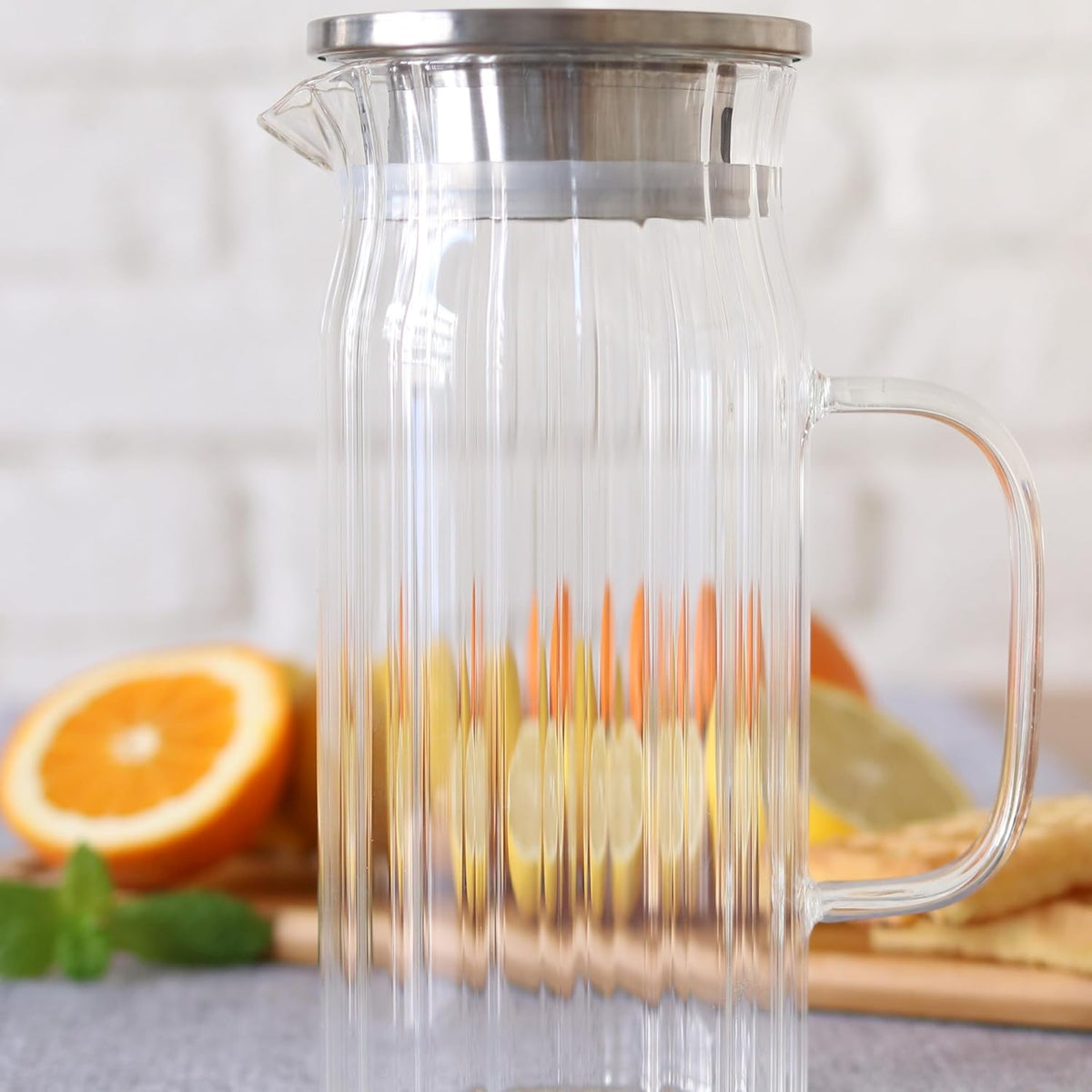 Wilmax Getränkeset 7-teilig mit Krug 1500 ml mit Edelstahldeckel und 6 Gläser 350 ml