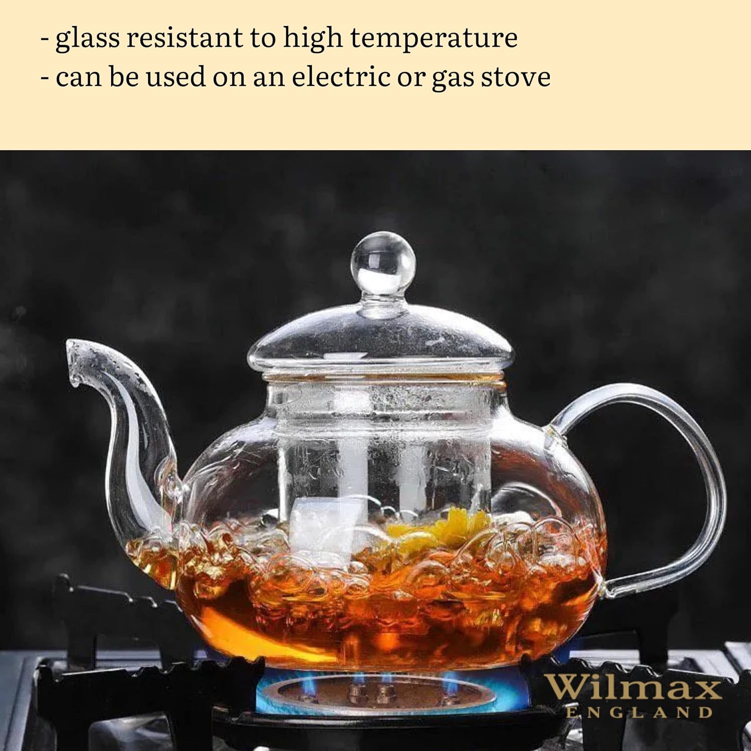 Wilmax | Teekanne Glas mit Siebeinsatz | 620 ML | Teapot | Teezubereiter für losen Tee | Glaskanne für Teeblumen | Kanne mit Deckel & Sieb aus Glas | Spülmaschinenfest | Tropffrei