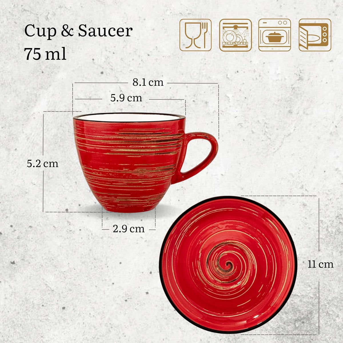 Wilmax Espressotasse mit Untertasse 75 ml 6er-Set Rot aus Porzellan