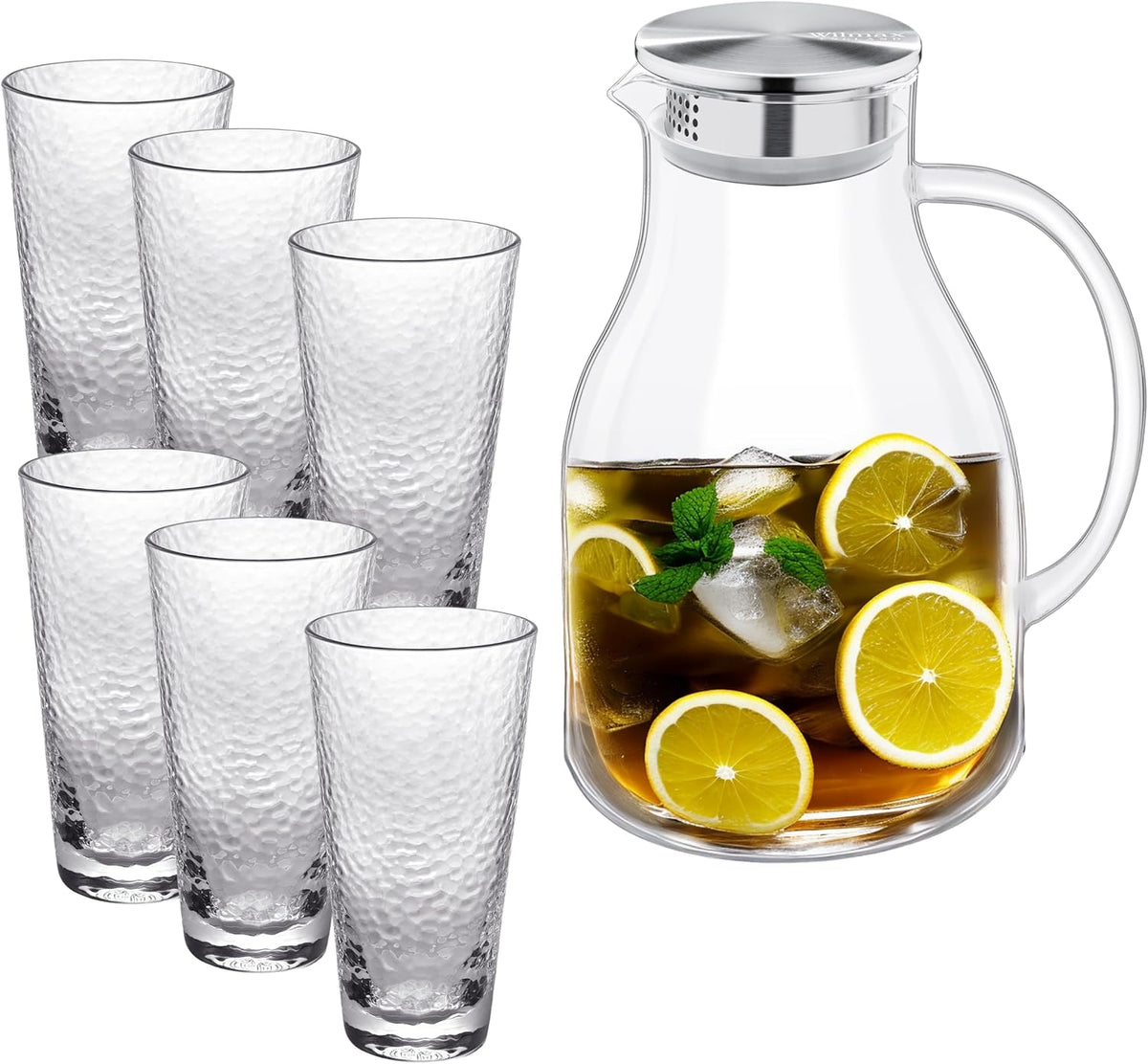 Wilmax Getränkeset 7-teilig mit Krug 2500 ml mit Edelstahldeckel und Filter und 6 gehämmerte Trinkgläser 450 ml