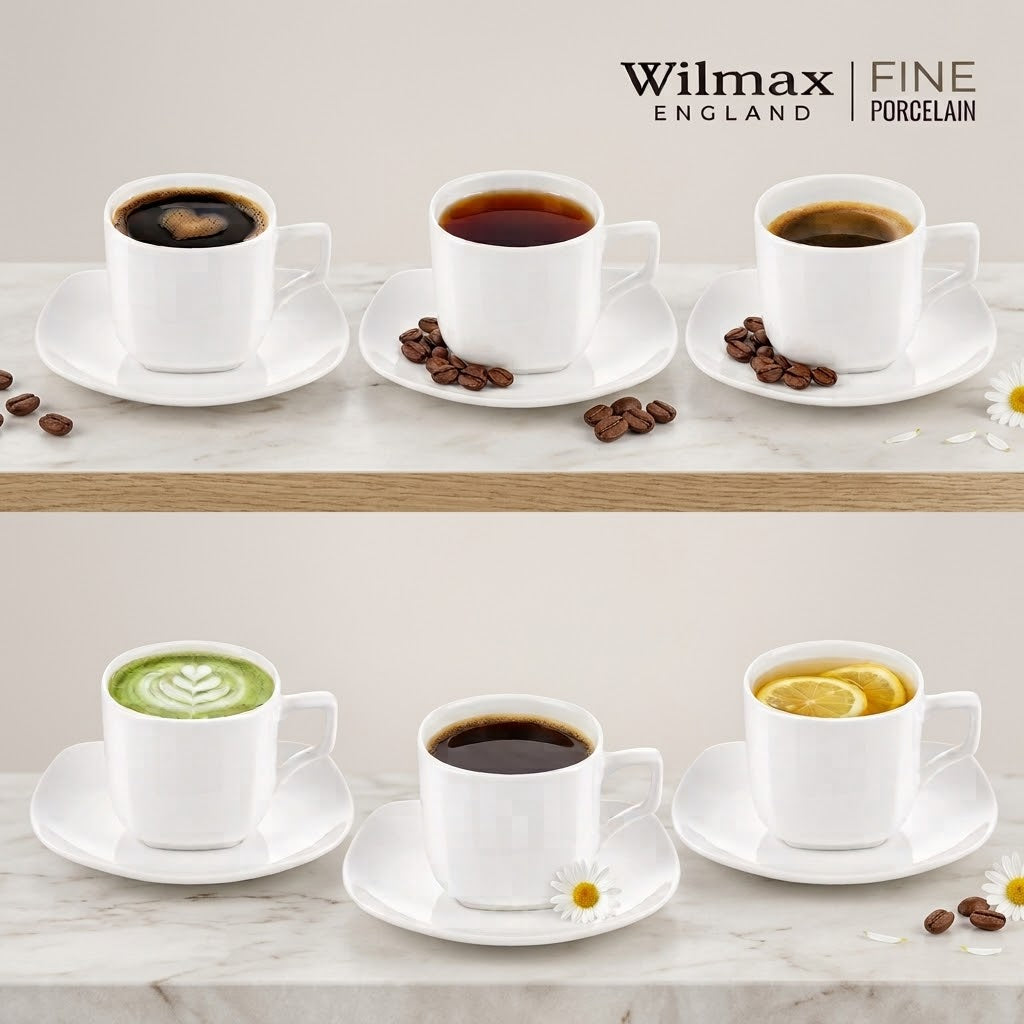 Wilmax Tasse mit Untertassen 200 ml 6er-Set Weiß aus Porzellan