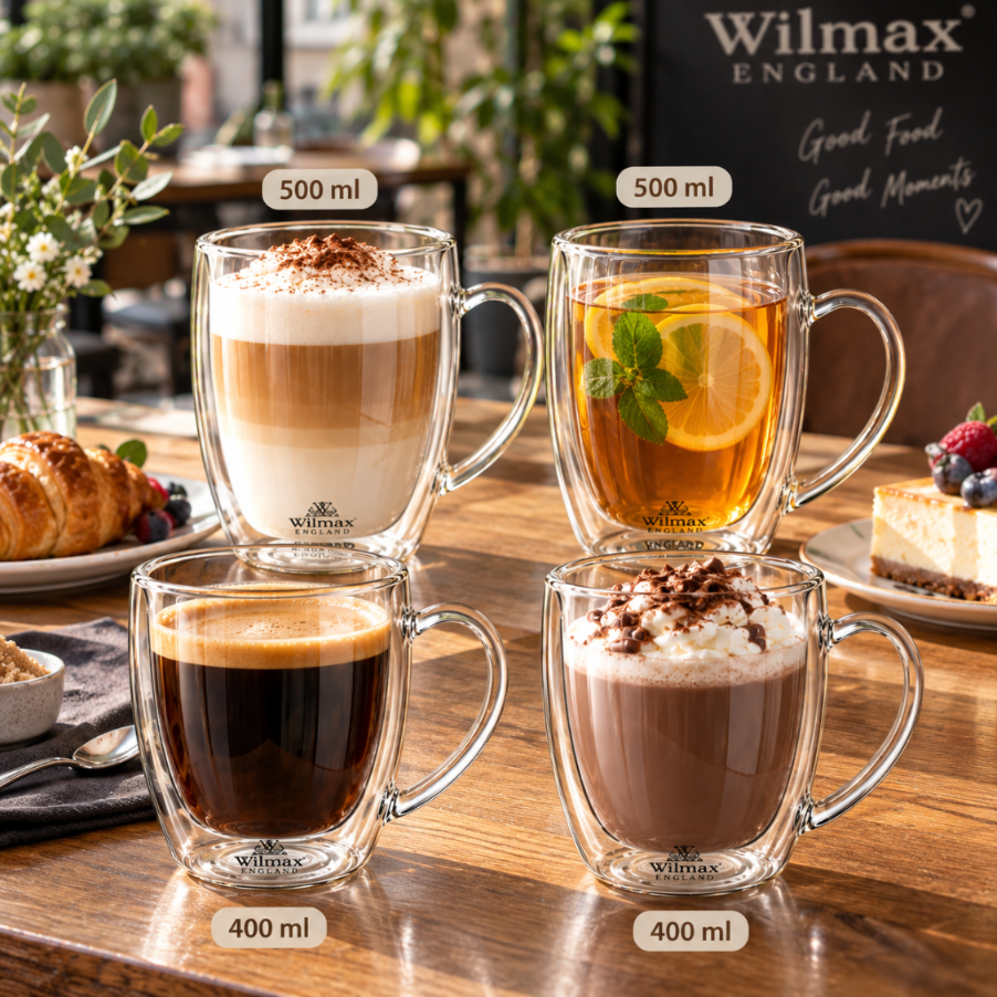 Wilmax Doppelwandiger Becher 4er-Set (2x 400 ml / 2x 500 ml) Transparent