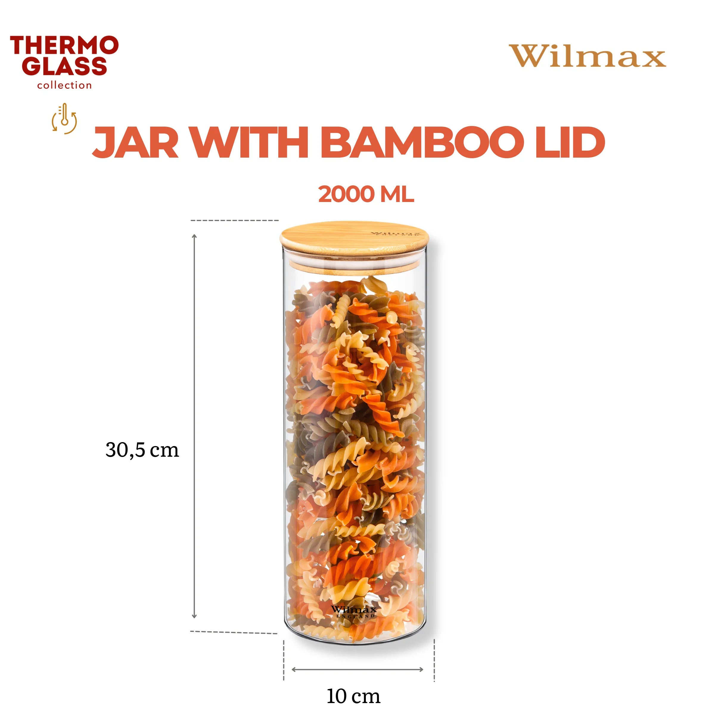 Wilmax Vorratsglas 2000 ml mit Bambusdeckel Transparent
