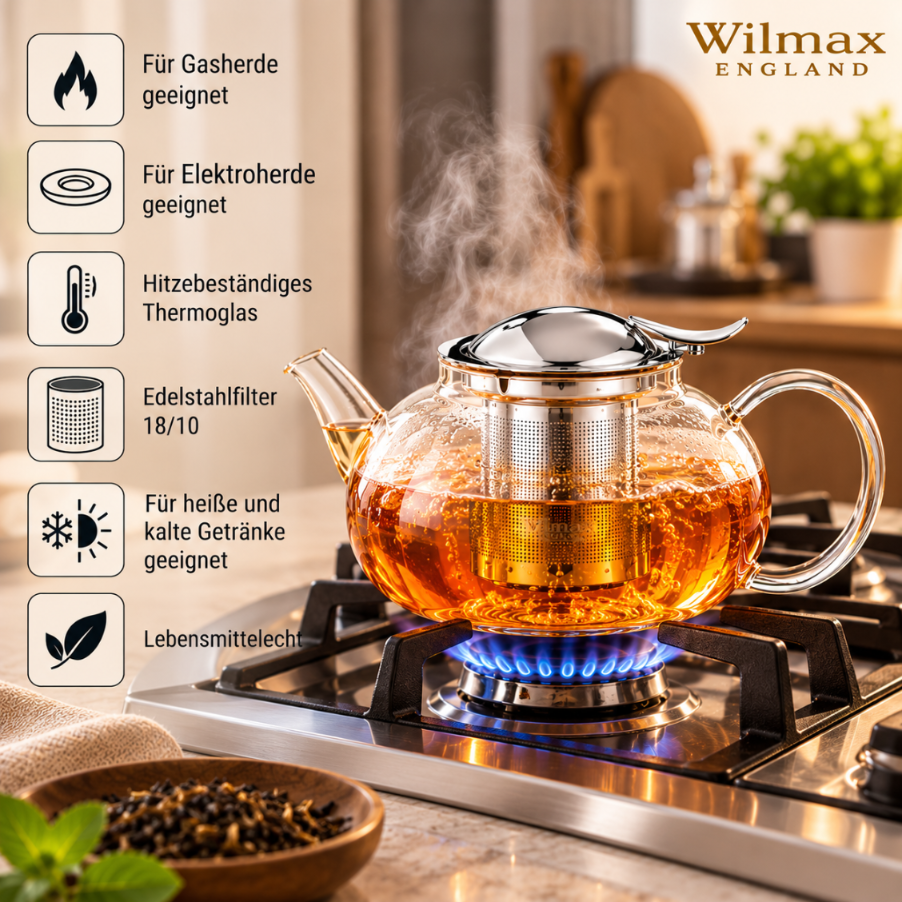Wilmax Teekanne 650 ml mit Edelstahlfilter Transparent aus Thermoglas