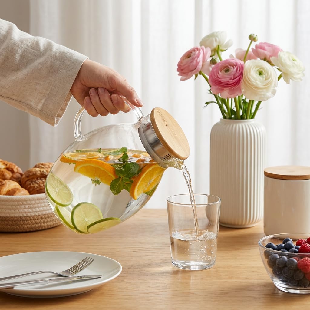 Wilmax Krug 1000 ml mit Edelstahldeckel und Filter Transparent aus Thermoglas