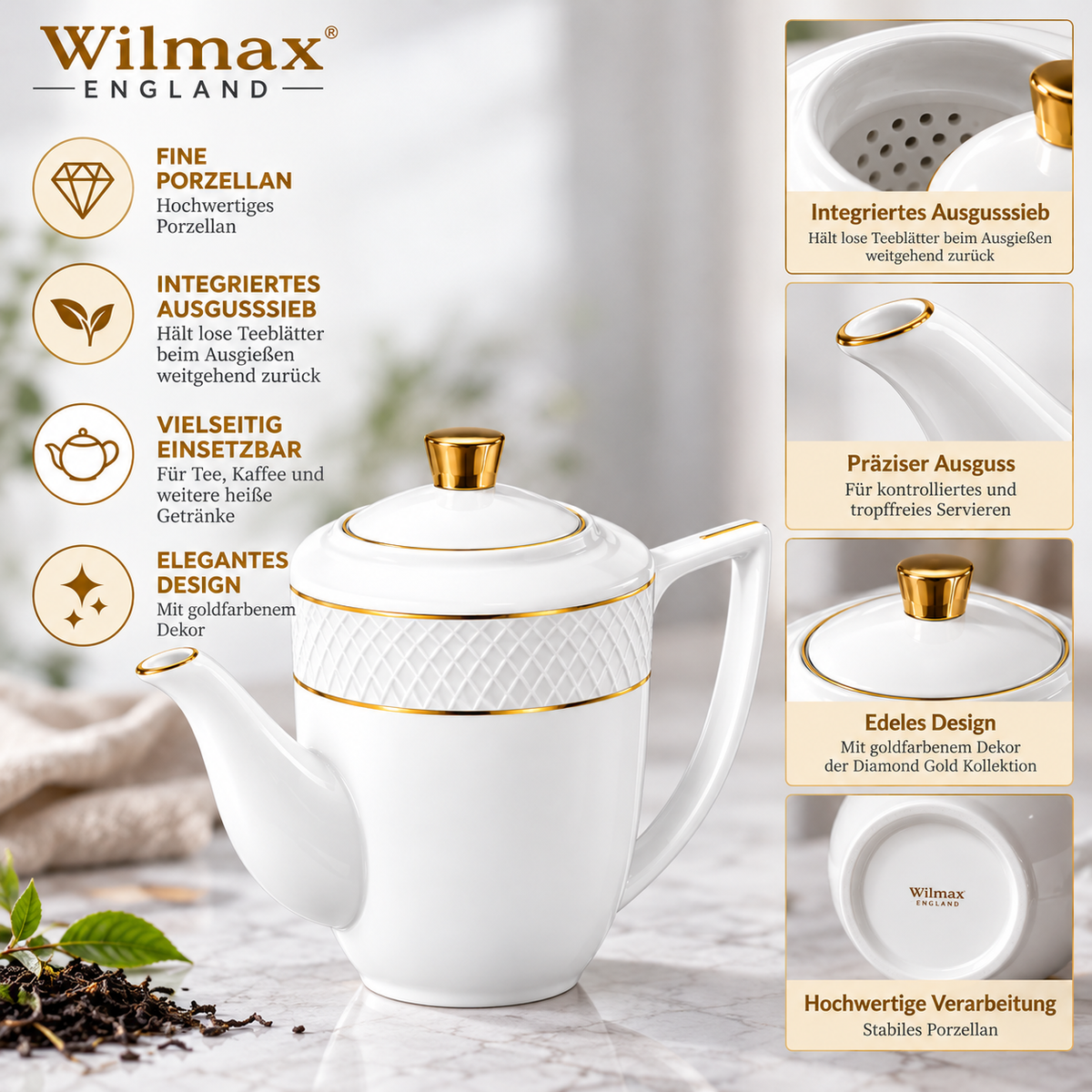 Wilmax Kaffee- und Teekanne mit integriertem Ausgusssieb 750 ml Weiß mit Golddekor aus Porzellan