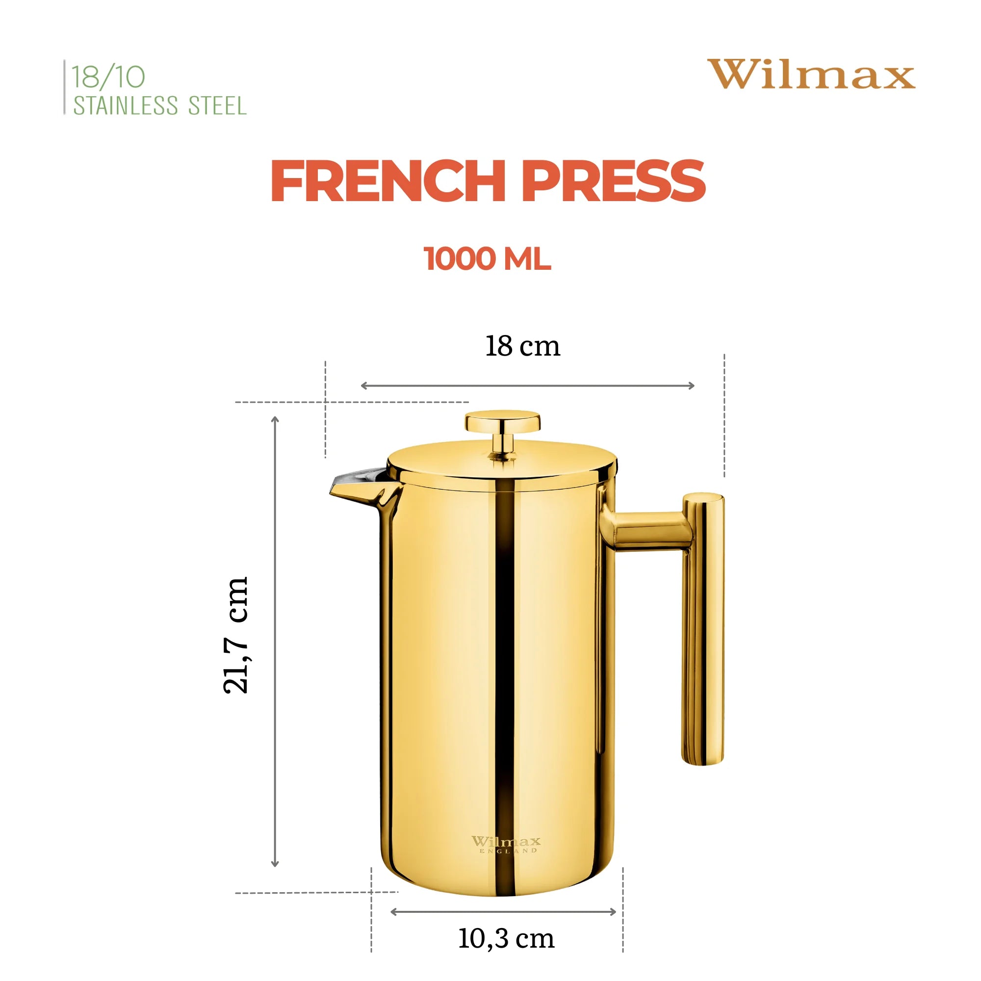 Wilmax Doppelwandige French Press 1000 ml Gold aus Edelstahl