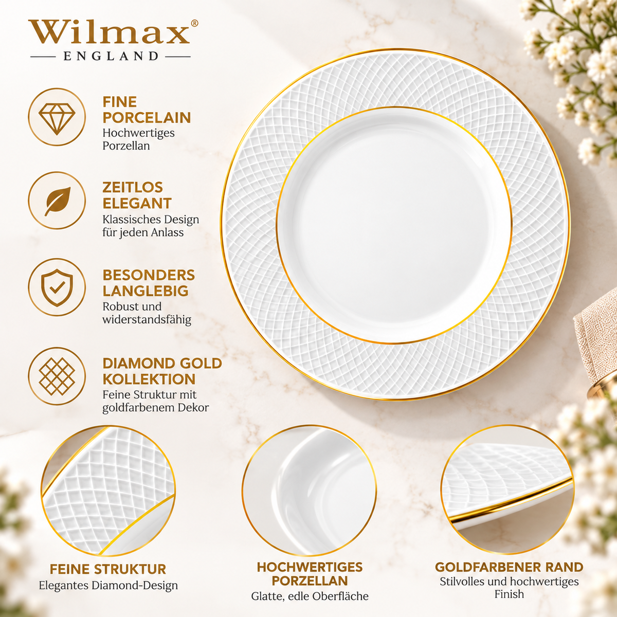 Wilmax Dessertteller 20 cm 2er-Set Weiß mit Goldlinien aus Porzellan
