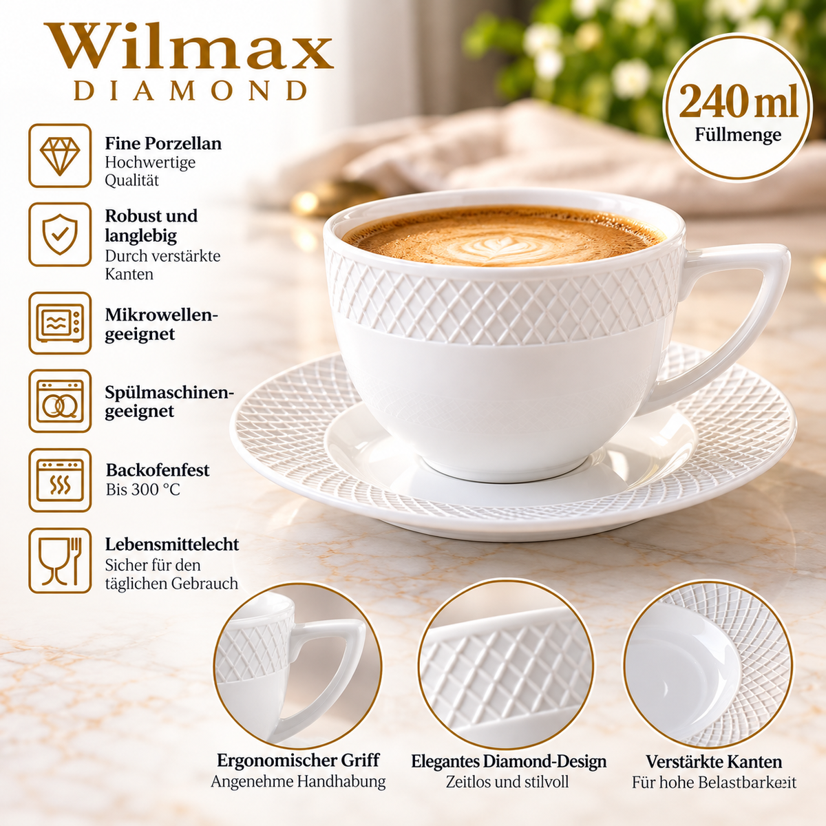 Wilmax Tasse mit Untertasse 240 ml Weiß aus Porzellan