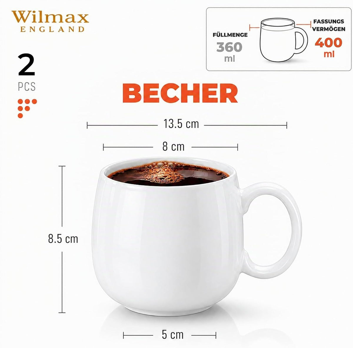 Wilmax Tasse 400 ml 2er-Set Weiß aus Porzellan