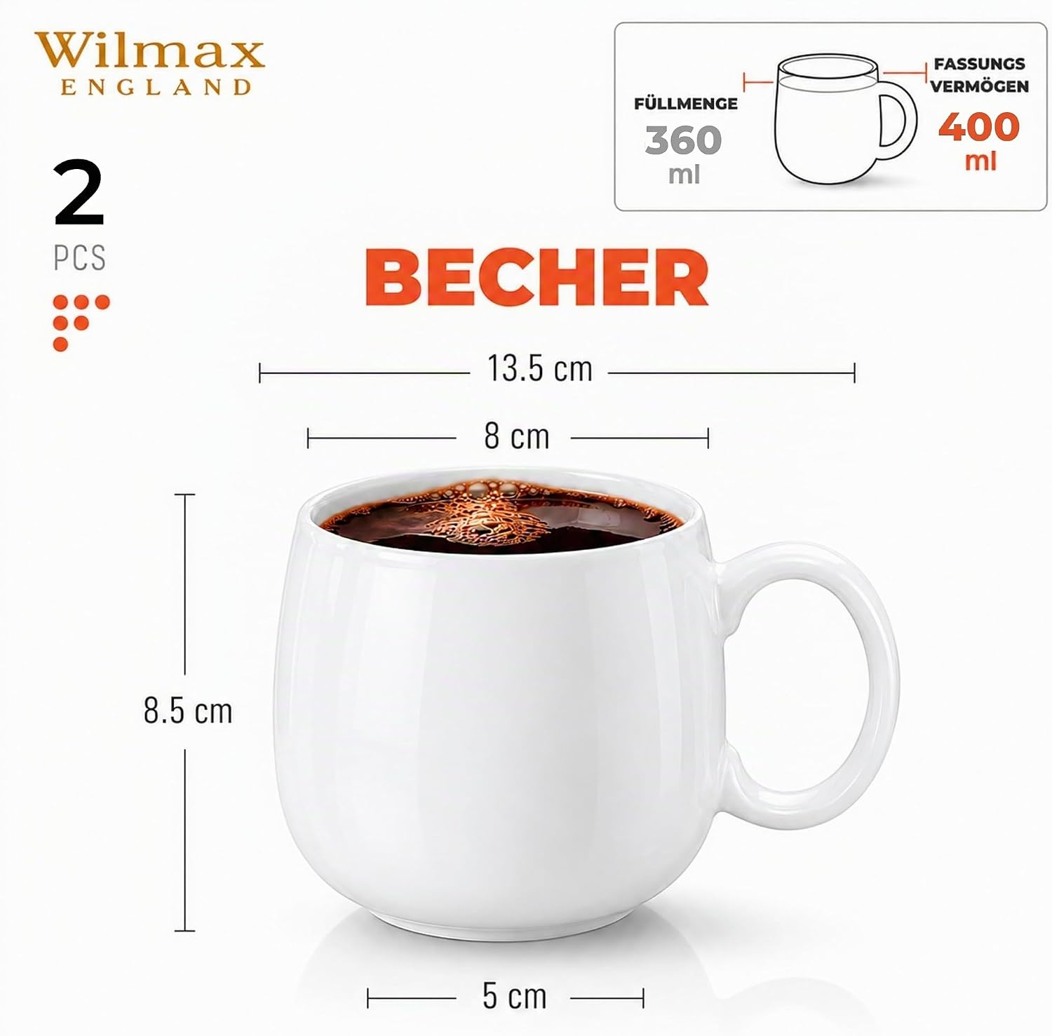 Wilmax Tasse 400 ml 2er-Set Weiß aus Porzellan