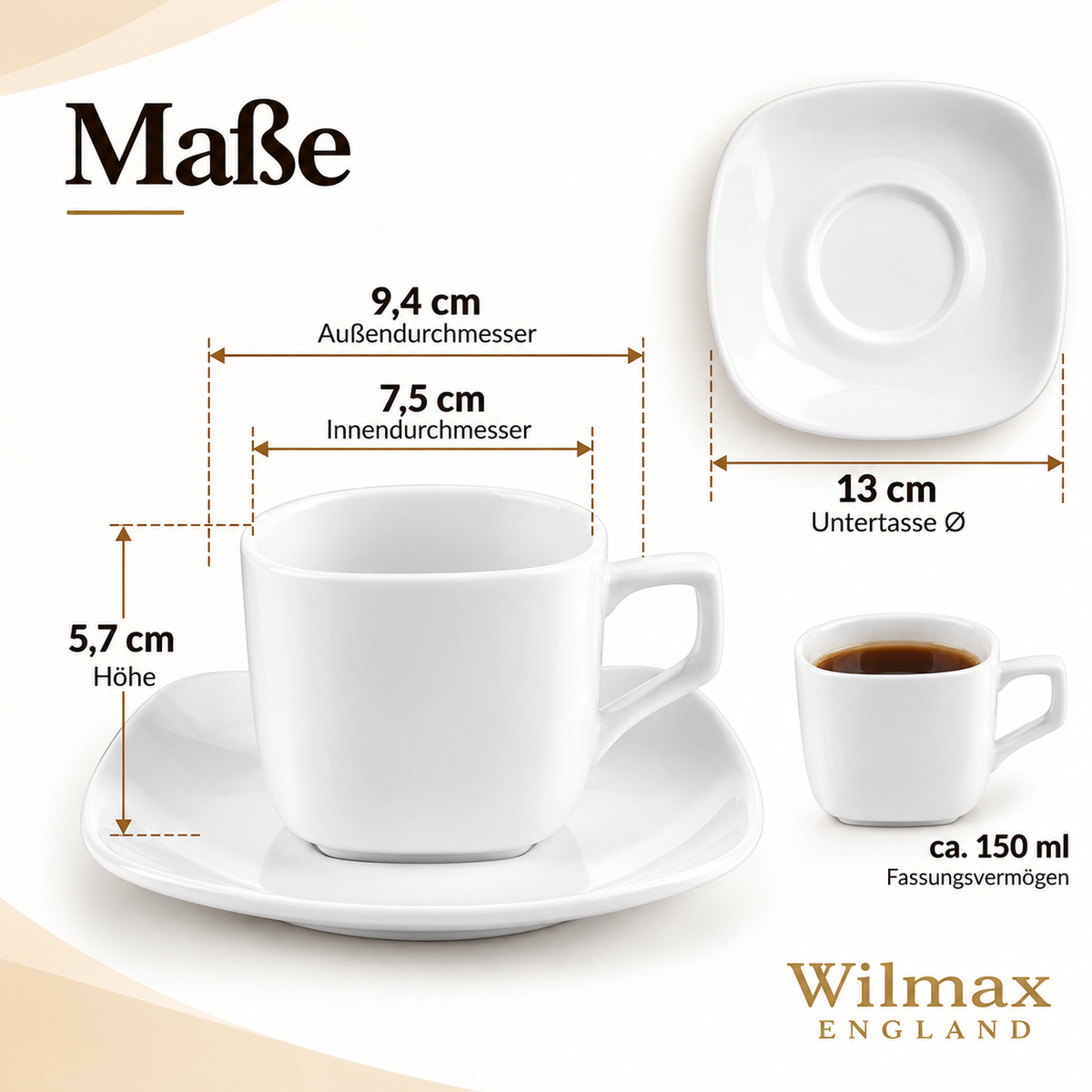 Wilmax Tasse mit Untertassen 200 ml 6er-Set Weiß aus Porzellan