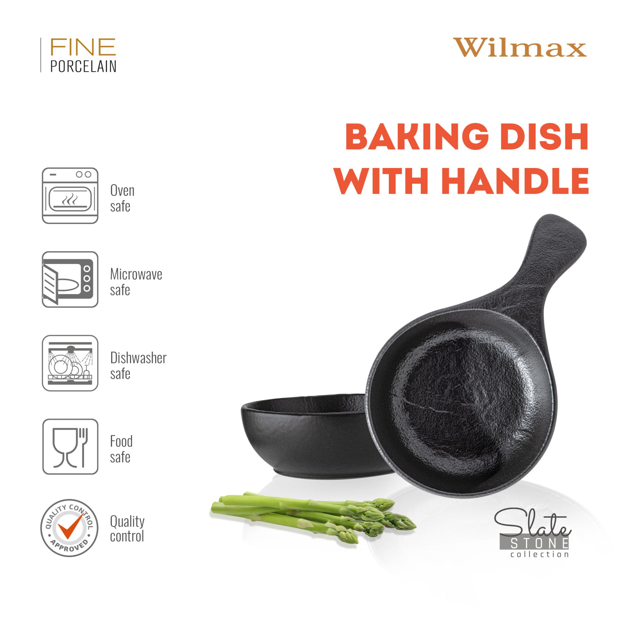 Wilmax Backform mit Griff 24 × 15 cm 500 ml Schwarz aus Porzellan