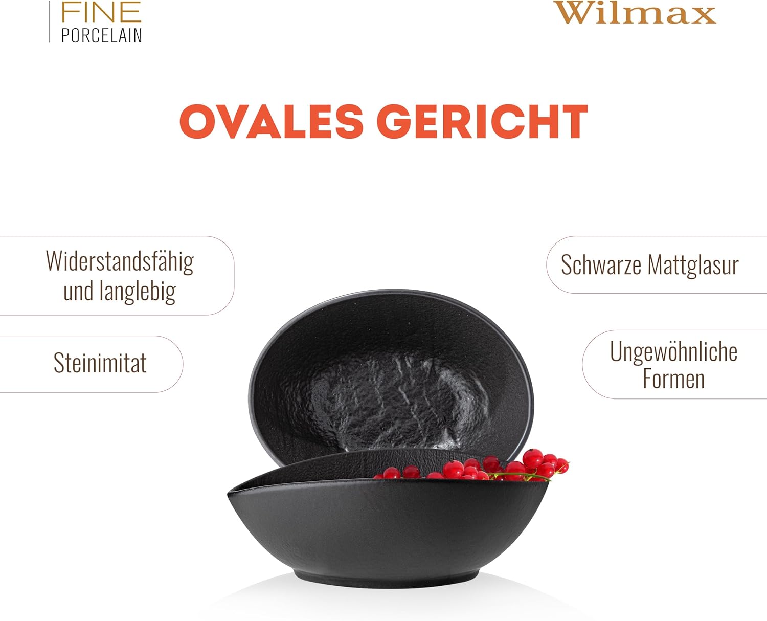 Wilmax Ovale Schale 8 × 6 × 3 cm 6er-Set Schwarz aus Porzellan