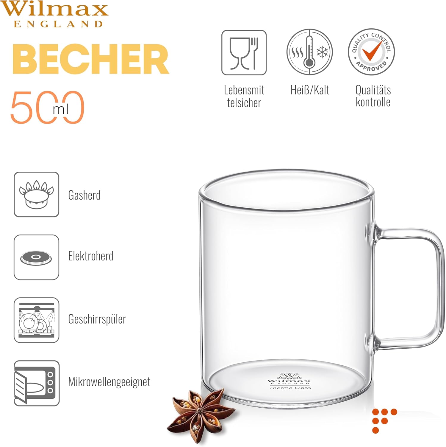 Wilmax Glastasse 500 ml 6er-Set Transparent aus Borosilikatglas