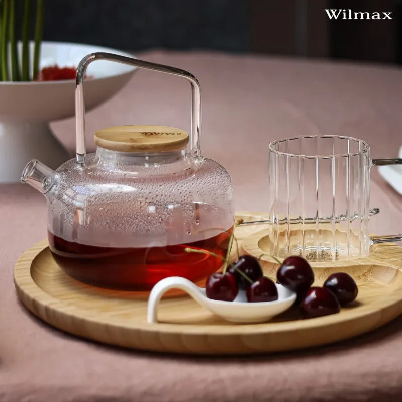 Wilmax Teekanne 1000 ml mit Federfilter und Bambusdeckel Transparent aus Thermoglas
