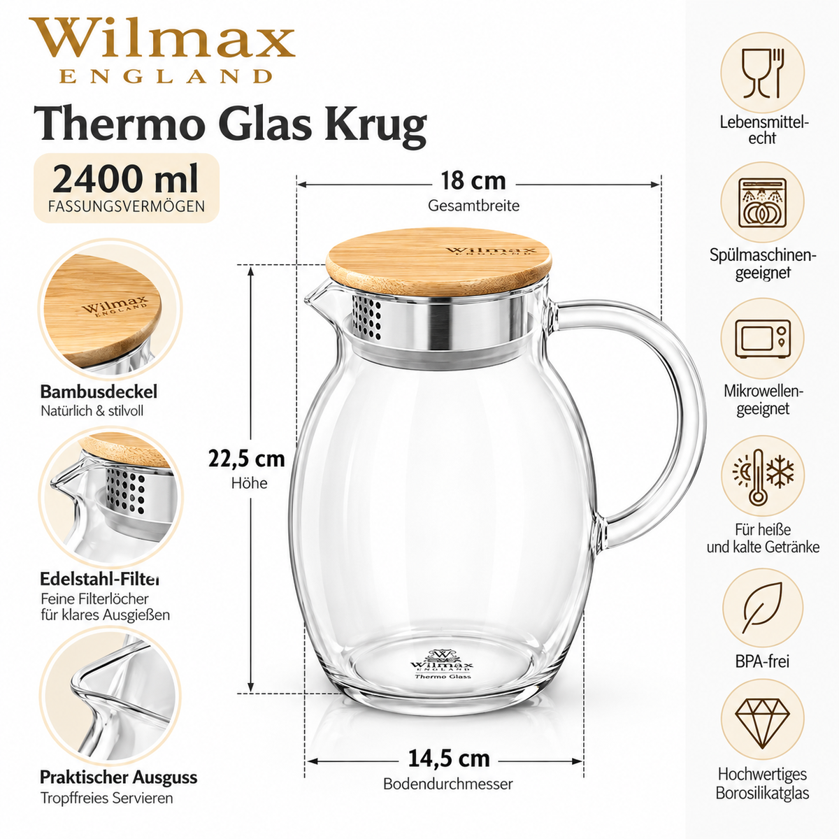 Wilmax Krug 2400 ml mit Bambusdeckel und Filter Transparent aus Thermoglas