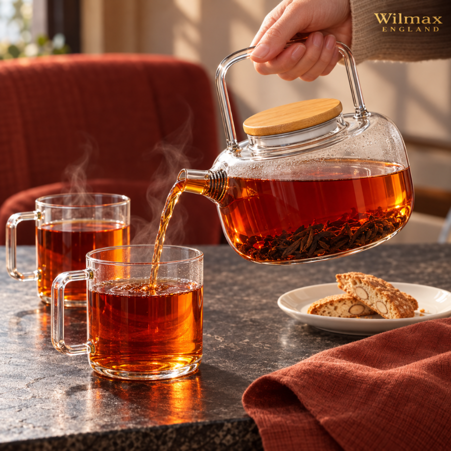 Wilmax Teekanne 1000 ml mit Federfilter und Bambusdeckel Transparent aus Thermoglas