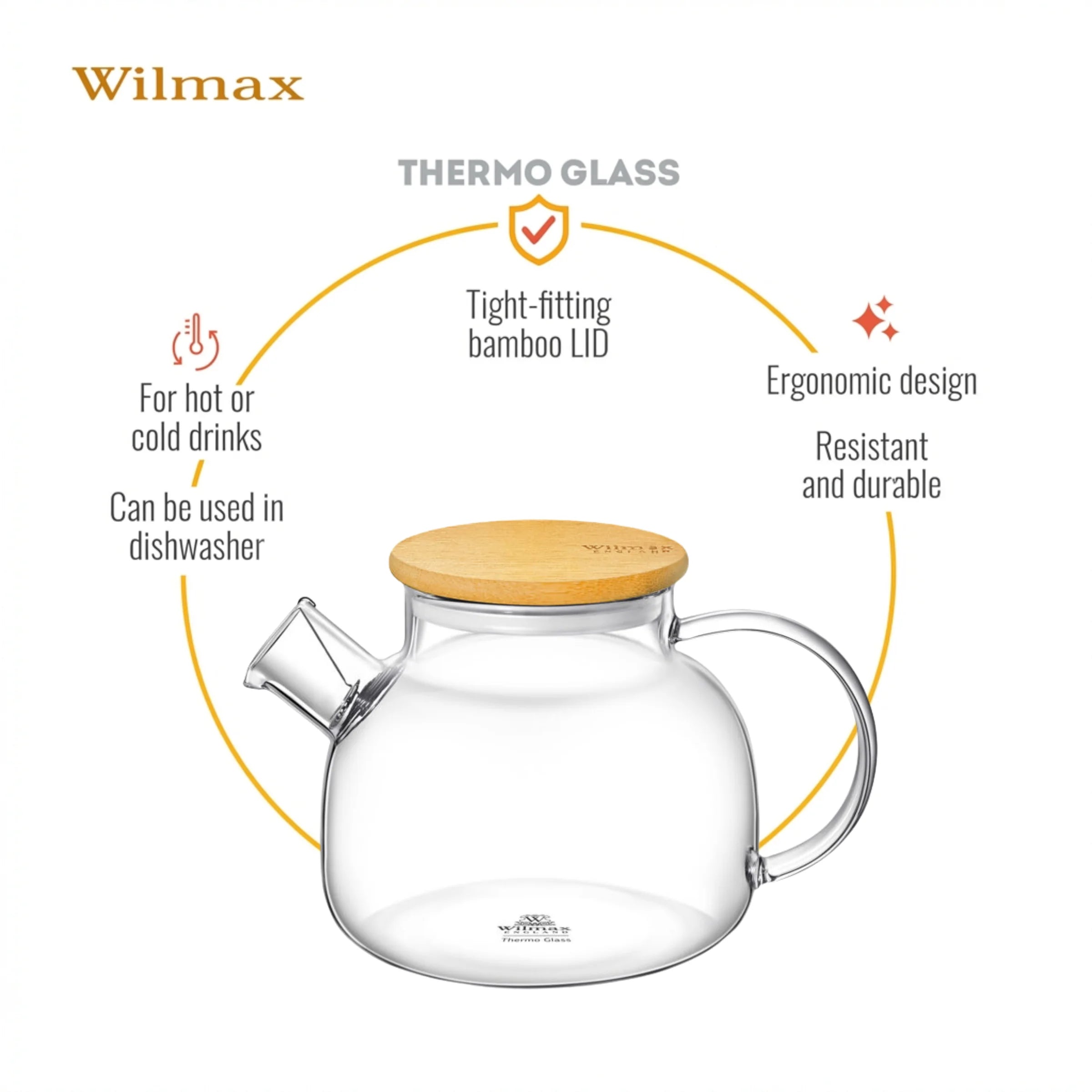 Wilmax Teekanne 950 ml mit Federfilter und Bambusdeckel Transparent aus Thermoglas