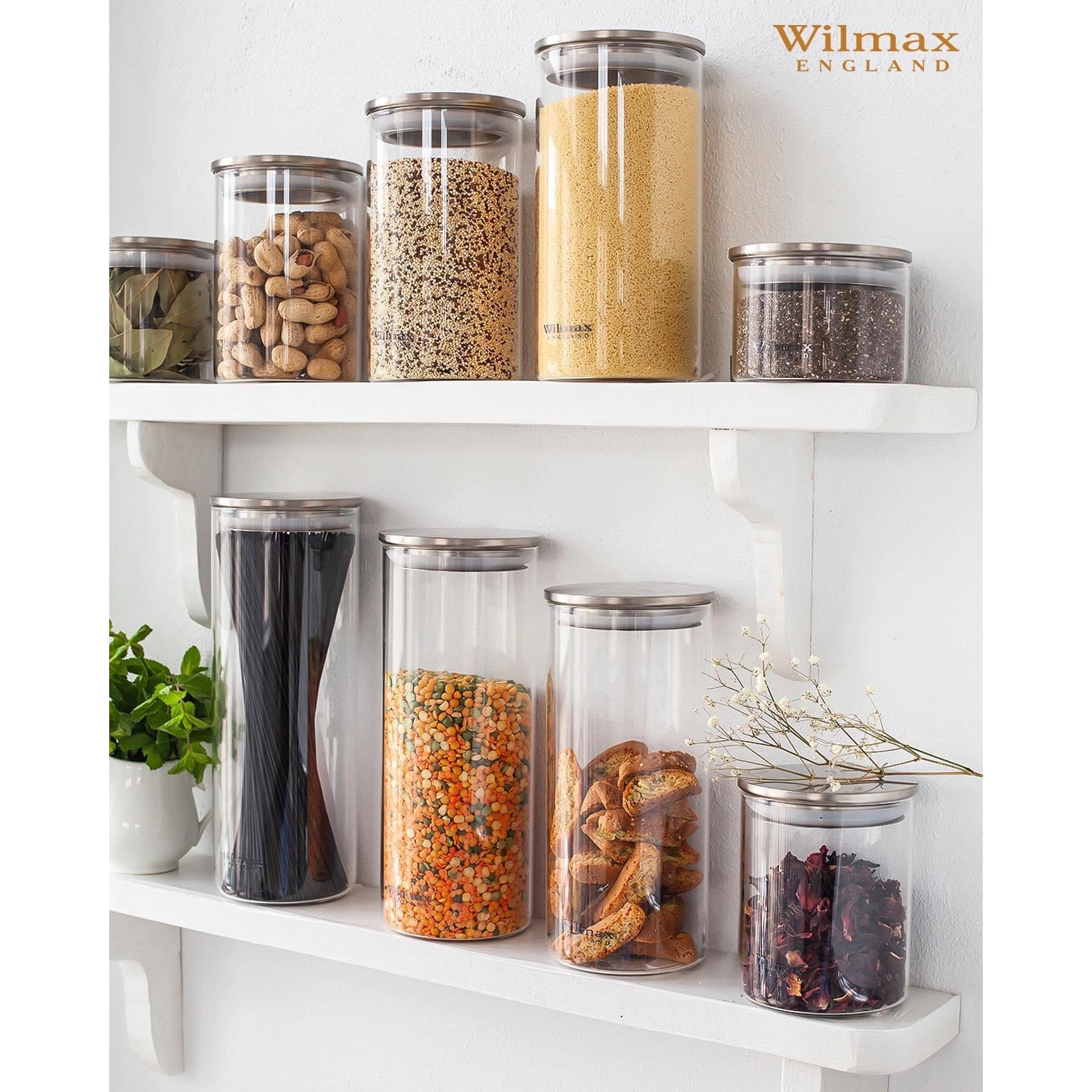 Wilmax Vorratsglas mit Deckel, Borosilikatglas, 2000 ml, Edelstahl-Deckel, WL-888520/A