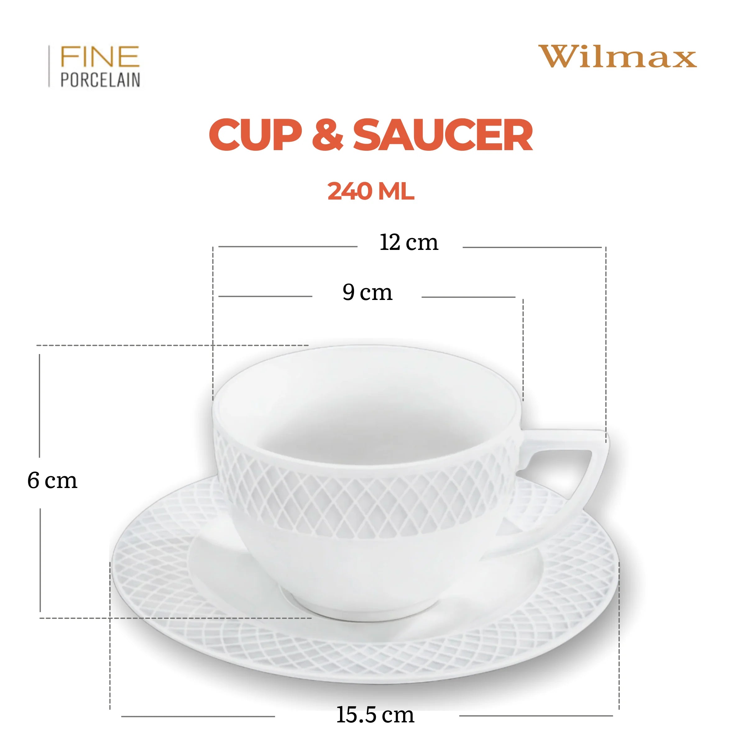 Wilmax Tasse mit Untertasse 240 ml 6er-Set Weiß aus Porzellan