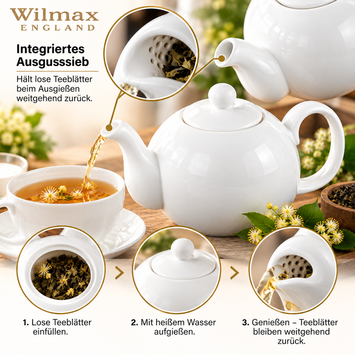 Wilmax Kaffee- und Teekanne mit integriertem Ausgusssieb 1100 ml Weiß aus Porzellan