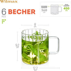 Wilmax Hitzebeständiger Glasbecher mit Henkel 400 ml 6er-Set aus Glas