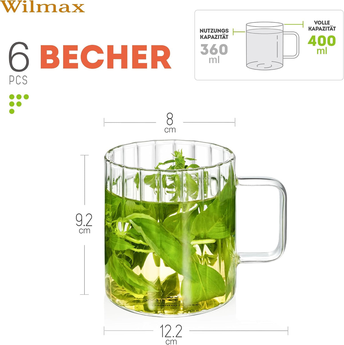 Wilmax Hitzebeständiger Glasbecher mit Henkel 400 ml 6er-Set aus Glas
