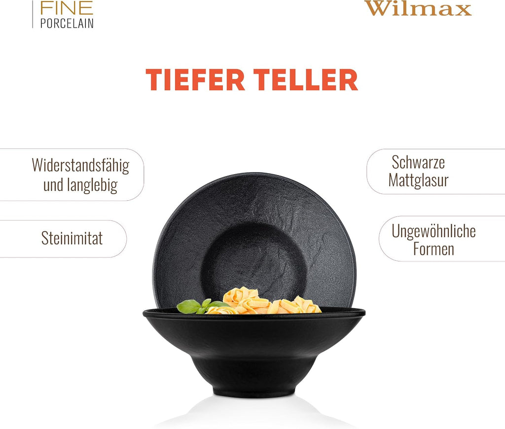 Wilmax Tiefer Teller 22,5 cm 1100 ml 2er-Set Schwarz aus Porzellan