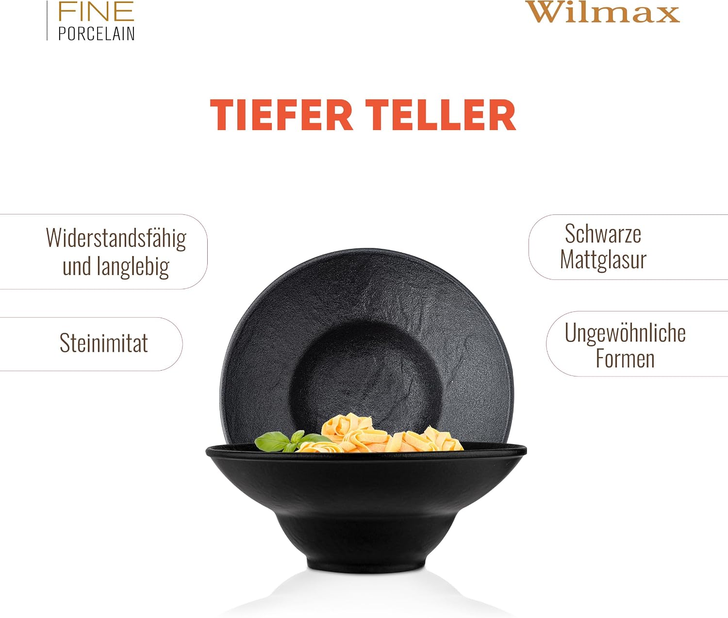 Wilmax Tiefer Teller 22,5 cm 1100 ml 2er-Set Schwarz aus Porzellan