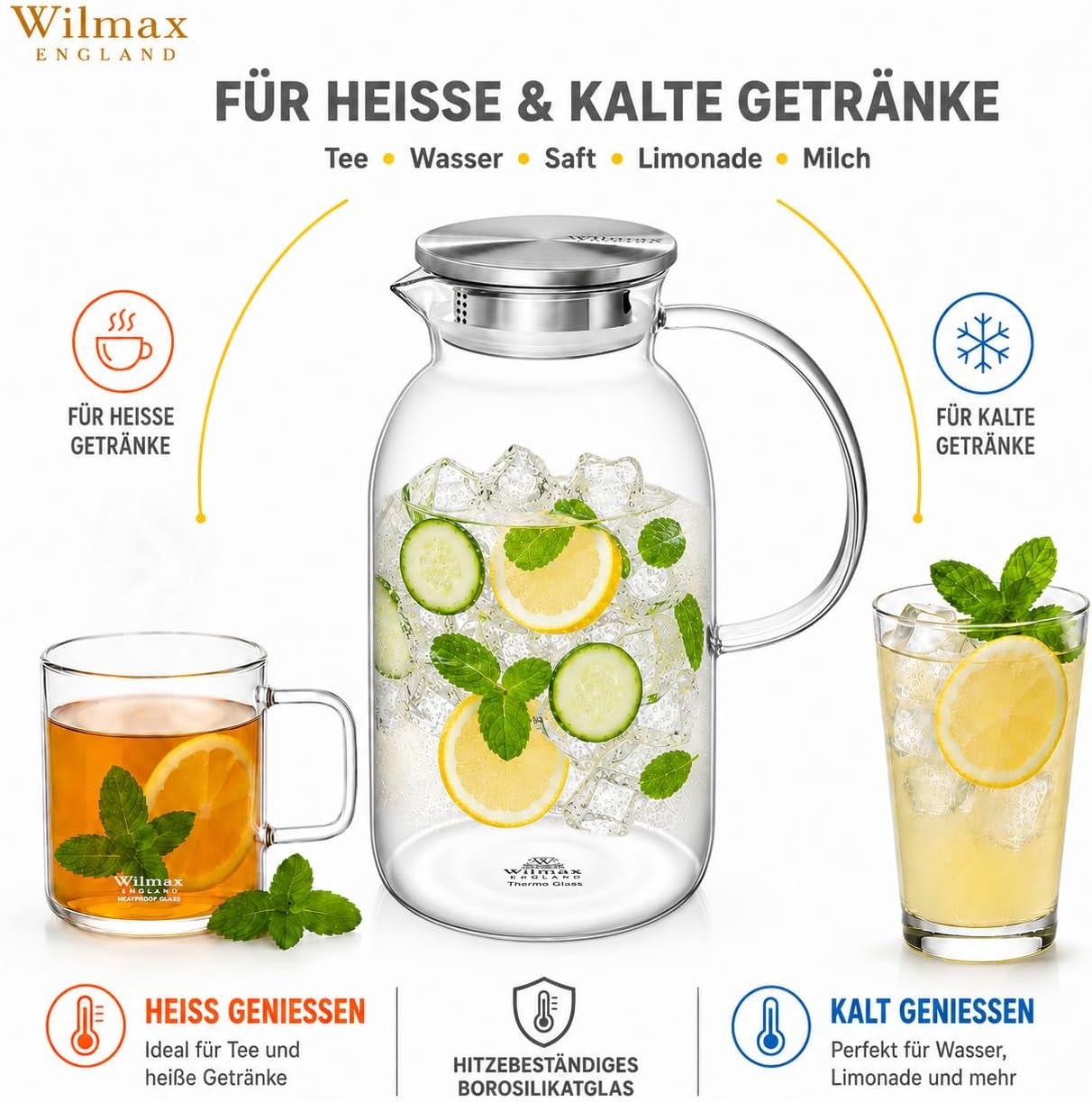 Wilmax Krug 2100 ml mit Edelstahldeckel und Filter Transparent aus Thermoglas