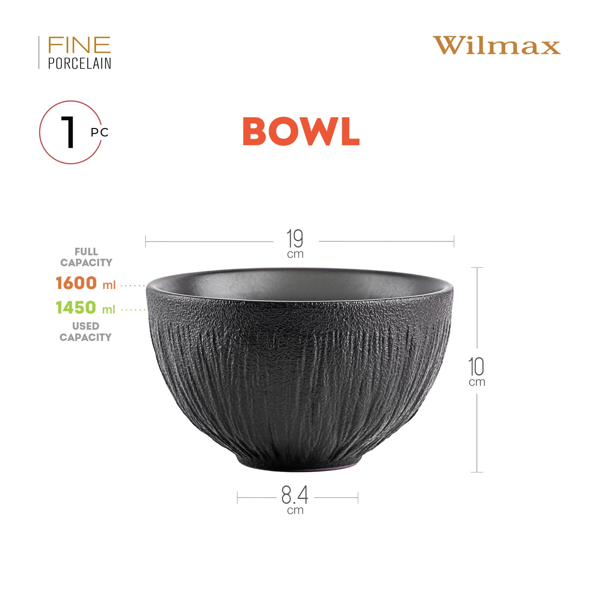 Wilmax Schale 1600 ml Schwarz aus Porzellan