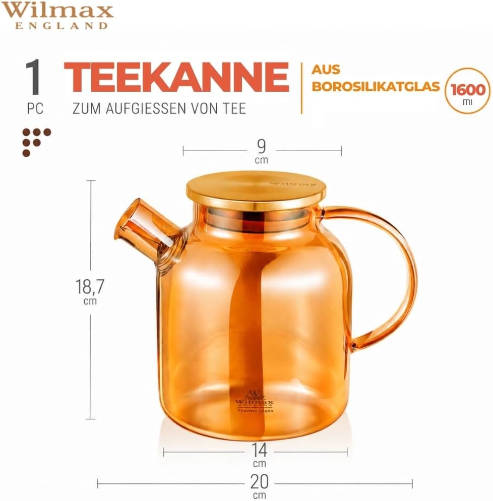 Wilmax Teekanne 1600 ml mit Federfilter und mit Edelstahldeckel Gold aus Thermoglas